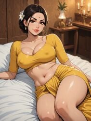1girls ai_assisted ai_generated bedroom belly_button bindi black_hair blouse brown_eyes cleavage earrings erect_nipples_under_clothes female flower_in_hair grok hair_strand indian indian_clothes indian_female inviting large_breasts laying_on_bed midriff nipple_bulge rgomez007 saree sari seductive_look self_upload smiling_at_viewer solo_female stable_diffusion thick_eyelashes thick_lips thick_outline thick_thighs tied_hair traditional_clothes warm_colors warm_lighting wide_hips yellow_clothing