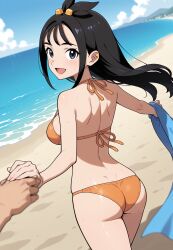 1boy 1girls :d ai-generated ai_generated ass beach bikini black_eyes black_hair blue_sky breasts brokewyt cloud day duro_(pokemon) female from_behind halterneck holding holding_hands horizon lida_(pokemon) long_hair looking_at_viewer looking_back medium_breasts ocean open_mouth orange_bikini outdoors pokemon pokemon_legends:_z-a pov pov_hands shoulder_blades sky smile solo_focus swimsuit towel uncensored water wet