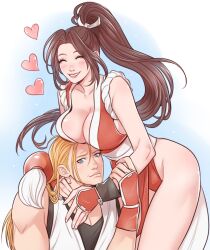 1boy andy_bogard bare_legs bare_shoulders big_breasts blonde_hair blue_eyes blush blush_lines blushing breast_press breast_rest breasts breasts_on_head brown_hair cleavage closed_eyes closed_mouth collarbone commentary couple crylin6 dougi facing_viewer fatal_fury feet_out_of_frame female fingerless_gloves gloves gradient_background hair_ornament hand_on_another's_arm hand_on_another's_neck happy heart high_ponytail highres husband_and_wife king_of_fighters large_breasts long_hair looking_at_viewer mai_shiranui ninja parted_bangs parted_lips pelvic_curtain ponytail revealing_clothes rope sash smile snk the_king_of_fighters thighs undershirt upper_body