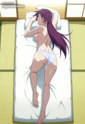 ai_generated anime anime_style artist_name ass bakemonogatari barefoot blush breasts closed_mouth clothing_aside fanbox_username feet female from_above from_behind full_body futon hentai hi_res indoors legs long_hair looking_at_viewer looking_back lying medium_breasts monogatari_(series) mystic_maidens nipples on_stomach panties panties_aside patreon patreon_username pillow purple_hair pussy senjougahara_hitagi shadow shiny_skin soles solo sweat tatami toes topless uncensored underwear white_panties