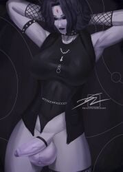 1futa arms_behind_head big_breasts big_penis carlosdlimaart closed_eyes futanari goth gothic grey_skin huge_balls leotard leotard_aside makeup rachel_roth raven_(dc) solo solo_futa tagme thick_thighs wide_hips