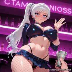 1boy 2026 ai_generated anime bangs bar_\\\\(place\\\\) black_panties blue_eyes blue_nails blue_skirt blush breasts choker cleavage closed_mouth covered_nipples crossover earrings eye_contact female female_focus fishnets flushed hand_up highres holding huge_breasts indoors inside jewelry large_breasts long_hair looking_at_viewer male microskirt midriff money nail_polish navel neutral_expression nsfw panties patreon patreon_username pov prostitution rognezart rwby scar scar_across_eye scar_on_face shiny shiny_clothes shiny_skin side_ponytail skindentation skirt smile smiling solo solo_focus straight underwear very_long_hair weiss_schnee white_hair