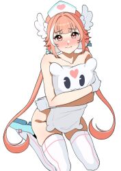 1girl 75ryrnyp9rtngjo blue_heels blush comission embarassed feathered_wings female gloves heart-shaped_pupils heels hugging_object hugging_pillow indie_virtual_youtuber indie_vtuber looking_at_viewer nude nude_female nurse_cap official_alternate_costume official_alternate_hairstyle pillowdear pink_eyes pink_hair piwwo shoulders simple_background skeb_commission thighhighs thighs twintails two-tone_hair very_long_hair white_gloves wings wings_on_head