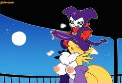 1boy ai_assisted ai_generated balls_on_face defeated digimon dlewdedai female femsub impmon renamon small_but_hung small_dom_big_sub