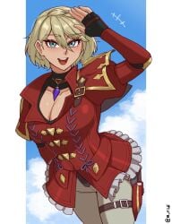 black_gloves blonde_hair blue_sky breasts cleavage cloud commentary eleanor_(monster_hunter) english_commentary female fingerless_gloves gloves grey_pants hand_on_own_hip highres looking_at_viewer mawaridi medium_breasts monster_hunter_(series) monster_hunter_stories_3:_twisted_reflection open_mouth pants short_hair sky smile solo twitter_username