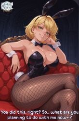 ai_assisted ai_generated ashley_graham ashley_graham_(ella_freya) big_breasts blonde_female blonde_hair breasts bunny_ears bunny_girl bunnysuit caption clothed clothed_female comic crossed_legs curvy curvy_body curvy_female female female_focus female_only fishnet_legwear fishnets green_eyes large_breasts leotard looking_at_viewer moonwool_branch pantyhose resident_evil resident_evil_4 resident_evil_4_remake seductive seductive_eyes seductive_look seductive_mouth seductive_pose seductive_smile short_hair sitting smile smiling solo solo_female solo_focus talking talking_to_viewer thick_ass thick_thighs thighs uncensored