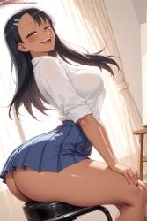1girl :d ai_generated ass bangs black_hair blue_skirt blush breasts brown_eyes classroom dark_skin ear_piercing earrings hair_ornament hairclip hayase_nagatoro hi_res high_quality high_resolution jewelry kiraamane large_breasts long_hair looking_at_viewer nail_polish open_mouth patreon piercing please_don't_bully_me,_nagatoro pleated_skirt school_uniform seductive sexy shirt sitting skirt smile solo tan thighs uncensored watermark white_shirt