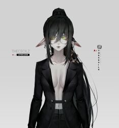 1girls absurdres animal_on_shoulder artist_name black_hair black_jacket breasts character_name closed_mouth collarbone commentary cross cross_earrings earrings female glasses green_eyes hair_between_eyes highres indie_virtual_youtuber inverted_cross inverted_cross_earrings jacket jewelry layna_lazar long_hair mouse_(animal) navel pale_skin pointy_ears round_eyewear solo suit the_cecile virtual_youtuber vtuber