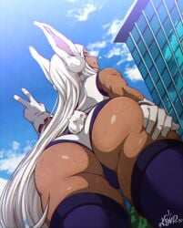 1girls animal_ears artist_name ass ass_focus bare_shoulders blue_sky boku_no_hero_academia clothing_cutout cloud cloudy_sky commentary dark-skinned_female dark_skin english_commentary female from_behind from_below fur_collar gloves hand_on_own_thigh hand_up heattech_leotard highleg highleg_leotard highres kaw3r leotard long_eyelashes long_hair looking_at_viewer looking_back mirko miruko my_hero_academia outdoors purple_thighhighs rabbit_ears rabbit_girl rabbit_tail red_eyes revision rumi_usagiyama scratches sky sleeveless sleeveless_turtleneck smile solo sweat tail tail_through_clothes thick_thighs thighhighs thighs toned turtleneck twitter_username usagiyama_rumi v very_long_hair white_gloves white_hair white_leotard