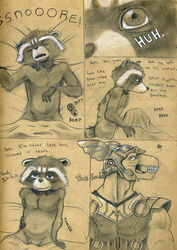 anthro beta-ray_bill english_text guardians_of_the_galaxy male male_only mammal marvel procyonid raccoon rocket_raccoon sleeping text thor_(series) tush