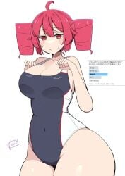 1girls ahoge artist_signature big_breasts big_thighs blush blush_lines blushing_female bottom_heavy breasts cleavage curvaceous curvy curvy_female curvy_figure enormous_thighs fat_thighs female female_only gigantic_thighs hands_up hips_wider_than_shoulders huge_breasts huge_hips huge_thighs hyper hyper_thighs kasane_teto koeikobo large_breasts large_thighs looking_at_viewer massive_hips massive_thighs navel navel_visible_through_clothes pear_shaped pear_shaped_female plump plump_thighs poll poll_winner red_eyes red_hair shiny_skin simple_background slim_waist solo solo_female swimsuit thick_thighs thighs thighs_bigger_than_head thighs_bigger_than_torso tiny_waist twin_drills utau voluptuous voluptuous_female wet wet_body white_background wide_hips