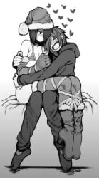 2n5 androgynous armwear bare_ass bare_shoulders black_and_white blush boots christmas_outfit flat_chest flat_chested grayscale happy heart hearts_around_head hugging legwear santa_hat short_hair side_ass sitting_on_lap tagme_(artist) tagme_(character) tagme_(source) thighhighs tied_up zettai_ryouiki
