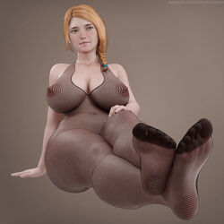 3d absurdres areolae aurora_(zero_one) big_breasts blonde_hair bodystocking breasts feet female female_only fishnet highres large_breasts nipples pov_feet presenting_feet sheer_legwear soles solo stevencarson thick_thighs