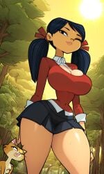 ai_generated asian asian_female blue_hair breasts bursting_breasts cartoon_network cleavage drill_hair fat_ass forest kitty_(tdi) legs long_sleeves midriff_baring_shirt navy_blue_hair one_eye_closed perky_breasts red_ribbon self_upload skirt soft_breasts sweat sweater thick_thighs total_drama_(series) total_drama_island tree trees twintails unbuttoned_shirt