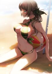 ball bare_shoulders beach beachball bikini blush breasts cleavage cluseller collarbone criss_cross_top female from_side green_bikini green_eyes halter_top halterneck highres kurumi_hinamizawa large_breasts looking_ahead navel open_mouth ponytail pygmalion._(group) shade shiny shiny_hair silver_hair sitting solo swimsuit underboob virtual_youtuber