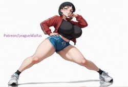 stable_diffusion ai_generated hi_res high_resolution highres shiny_skin alternate_body_type alternate_breast_size curvaceous curves curvy curvy_body curvy_figure voluptuous glossy glossy_body leaguewaifus kirigaya_suguha sword_art_online 1girl breasts black_hair shorts jacket hairclip solo short_hair hair_ornament huge_breasts white_background red_jacket navel full_body green_eyes socks thighs open_jacket black_shirt open_clothes track_jacket simple_background shoes black_socks shirt smile looking_at_viewer standing sneakers blue_shorts midriff short_shorts blush gym_shorts thick_thighs reflection hand_on_own_hip bob_cut legs_apart long_sleeves crop_top dolphin_shorts white_footwear legs midriff_peek sweat grin thunder_thighs wide_hips child_bearing_hips big_thighs skull_crushing_thighs large_thighs skin_gloss