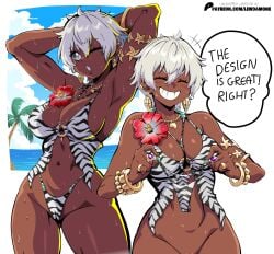 animal_print armlet bikini bikini_bottom bikini_bottom_removed bikini_under_clothes blush bottomless bottomless_female bracelet breasts cleavage dark-skinned_female dark_skin elena_(street_fighter) fat_breasts female flat_belly grin grinning highres holding_bikini_bottom holding_bottomwear jewelry large_breasts lewdamone looking_at_viewer multiple_bracelets official_alternate_costume short_hair smile solo speech_bubble street_fighter street_fighter_6 swimsuit thighs toned toned_female very_short_hair white_hair zebra_print