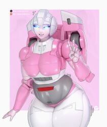 1girls 3d arcee arcee_(g1) belly chubby looking_at_viewer peace_sign robot robot_girl thick_thighs transformers transformers_g1 trawert