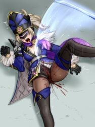 1girls ayaswan blonde_hair blood blood_from_mouth blood_spray blood_spurt breasts cameltoe fatui fatui_oprichniki fatui_oprichniki_thunderblitz_gvardia fully_clothed genshin_impact gore guro hat imminent_death katana mask on_ground open_mouth pantyhose snuff sword thigh_high_boots visor vivisection