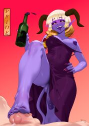 1boy 1futa penis cum horns tail tagme bimpo boobs fully_nude makeup digital_media_(artwork) long_ears simple_background dress boobs_out footjob wine wine_bottle white_hair purple_hair sharp_teeth nails hanging_penis drunk yellow_eyes
