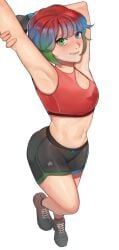 1girls arm_behind_head armpits arms_up belly_button blue_eye bnvt bob_cut bruneian bruneian_vtuber female flat_breasts flat_chest flat_chested glove green_eyes heterochromia indie_virtual_youtuber indie_vtuber multicolored_hair nilambiru_(saphiraart) red_sports_bra safe_for_work sfw shorts slim slim_girl slim_waist small_breasts smiling_at_viewer sport_shorts sports_bra sporty standing starlesia_(bnvt) sweat sweatdrops three-tone_hair toned_belly toned_stomach top_view viewed_from_above virtual_youtuber vtuber