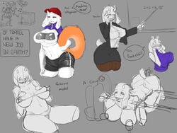 333minutes 6_arms :) ball_gag blush bondage bound breasts cap crop_top dildo glasses grey_background math milking milking_machine muffet musical_note navel nipple_bulge nipples shorts sketch sketch_page speech_bubble swimsuit teacher tears toriel undertale vibrator