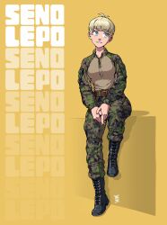 blue_eyes boots cleavage clothed combat_boots cute female form_fitting groznyi light-skinned_female military sitting tactical_clothes thigh_squish uniform