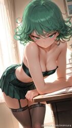 ai_generated alternate_breast_size alternate_costume angry arm_rest arm_support armpit_crease backlighting bandeau bare_arms bare_shoulders bent_over black_garter_straps black_skirt black_thighhighs blush book bookshelf bra breasts brown_thighhighs cleavage closed_mouth collarbone cowboy_shot crop_top crossed_arms curly_hair curtains day desk dutch_angle elbow_rest expressionless eyelashes feet_out_of_frame female frown garter_straps glaring green_eyes green_hair green_skirt hair_between_eyes head_rest indoors lace-trimmed_legwear lace_trim large_breasts leaning leaning_forward leaning_on_object leaning_to_the_side legs_together light_blush light_particles long_hair looking_at_viewer medium_breasts medium_hair messy_hair microskirt midriff miniskirt navel one-punch_man open_book paper petite pleated_skirt potted_plant short_hair sidelighting skindentation skirt small_breasts solo standing stomach strapless strapless_bra sunlight table tatsumaki tatsumaki_(one-punch_man) thighhighs thighs tsurime tube_top underwear v-shaped_eyebrows window zettai_ryouiki
