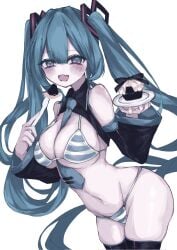 ass_visible_through_thighs cake chocolatte_la cupcake fang food hatsune_miku hatsune_miku_(collared_bikini) heart-shaped_pupils holding_fork large_ass large_breasts plate thick_thighs thighhighs thighs vocaloid wide_hips