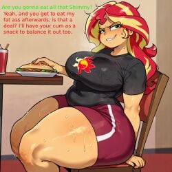 ai_generated annoyed_expression anon anonymous_male ass_focus bbw booty_shorts caption daballsman dialogue dumptruck_ass equestria_girls fat_ass fat_shaming femdom femdom_caption hotpants huge_ass illustrious_(stable_diffusion) mature_female my_little_pony older_female presenting_hindquarters red_legwear short_shorts shorts showing_off sunset_shimmer teasing teasing_viewer wide_hips yoga_shorts
