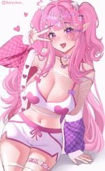1girls :p absurdres ahoge arm_support bandaid bandaid_hair_ornament bead_necklace beads bell big_breasts blush bone_hair_ornament bow bra bra_over_clothes breasts button_hair_ornament candy_hair_ornament checkered_clothes checkered_jacket choker cleavage crop_top curvy decora demon_girl demon_horns dolphin_shorts drawstring facial_mark fangs female fishnet_top fishnets food-themed_hair_ornament hair_ornament hairbow heart heart_ahoge heart_hair_ornament highres horns huge_breasts ibbychan indie_virtual_youtuber ironmouse ironmouse_(decora) jacket jewelry jingle_bell large_breasts latina lollipop_hair_ornament long_hair long_sleeves looking_at_viewer massive_breasts midriff multicolored_hair multicolored_jacket narrow_waist navel neck_bell necklace off-shoulder_shirt off_shoulder open_clothes open_jacket open_mouth pink_bow pink_choker pink_hair pink_jacket pink_nails pointy_ears purple_bow purple_eyes purple_hair purple_jacket rabbit_hair_ornament ring shirt shorts side_slit sitting skull_hair_ornament solo spiked_choker spiked_thigh_strap spikes star_(symbol) star_facial_mark star_hair_ornament stomach strawberry_hair_ornament streaked_hair thigh_strap thighs tongue tongue_out too_many twitter_username two-tone_jacket two_side_up underwear v v_over_eye very_long_hair virtual_youtuber vtuber white_background white_bra white_shorts x_hair_ornament
