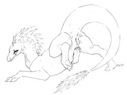 2018 black_and_white claws digital_media_(artwork) dragon eyelashes female feral line_art long_neck long_tail looking_at_viewer lying maim monochrome on_front presenting presenting_pussy pussy quadruped scalie side_view signature simple_background solo thick_tail white_background