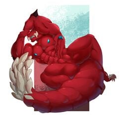 abs anthro anus arm_support balls biceps big_muscles big_penis blue_eyes blue_nipples blue_skin capcom claws demondragoncyan erection fanged_wyvern fangs flexing leaning_on_elbow looking_at_viewer lying mace_tail male male_only monster_hunter monster_hunter_world muscular muscular_male nipples nude odogaron pecs penis pose presenting red_skin simple_background solo spreading teeth thick_tail vein video_games