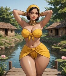 1girls ai_assisted ai_generated armpit_crease armpits arms_behind_head bandana bandeau bangle belly_button bindi black_hair bursting_breasts caramel-skinned_female cleavage earrings eyelashes female front-tie_top grok hair_strand hourglass_figure hut indian indian_clothes indian_female lipstick loincloth lotus medium_breasts midriff neck_ring necklace nipple_bulge outdoor_background outdoors pelvic_line pond revealing_clothes rgomez007 rural seductive_look self_upload skimpy skimpy_clothes skindentation smiling_at_viewer solo_female stable_diffusion standing thick_lips thick_outline thick_thighs tied_clothing tied_hair traditional_clothes village voluptuous warm_colors warm_lighting wide_hips yellow_clothing