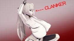 1girls albina_(limbus_company) areolae black_eyes bre breasts busty expressionless female female_only huge_breasts koikatsu limbus_company looking_at_viewer nipples ponytail project_moon robot robot_girl solo text tied_hair