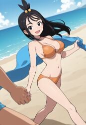 1boy 1girls :d ai-generated ai_generated beach bikini black_eyes black_hair blue_sky breasts brokewyt cleavage cloud day duro_(pokemon) female grey_eyes holding holding_hands lida_(pokemon) long_hair looking_at_viewer medium_breasts navel ocean open_mouth orange_bikini outdoors pokemon pokemon_legends:_z-a sand sky smile solo_focus swimsuit topknot uncensored walking water