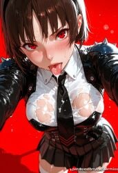 ai_generated black_skirt blush braid breasts brown_hair female female_only kermixx looking_at_viewer makoto_niijima necktie persona persona_5 pleated_skirt red_background red_eyes saliva see-through shirt short_hair shoulder_spikes skirt solo spikes sweat thighhighs tongue tongue_out torn_clothes wet wet_clothes wet_shirt