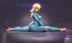 ass bimbo blonde_hair blue_eyes bodysuit breasts cleavage erect_nipples feet female female_only hair_over_one_eye looking_at_viewer looking_back mario_(series) nintendo pinkdrawz princess_rosalina skin_tight solo splits spread_legs super_mario_galaxy