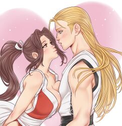 1boy 1girls andy_bogard arms_behind_back assertive_female bare_shoulders big_breasts blonde_hair blush blush_lines blushing breast_press breasts brown_eyes brown_hair cleavage closed_mouth collarbone commentary couple crylin6 english_commentary eye_contact fatal_fury female from_side hair_ornament hair_slicked_back heart height_difference high_ponytail highres imminent_kiss king_of_fighters large_breasts lips long_hair looking_at_another mai_shiranui ninja open_mouth parted_bangs ponytail profile puckered_lips revealing_clothes rope sash snk straight straight_hair the_king_of_fighters upper_body