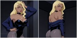 1girls 2koma ai_generated arm_up ass back bare_back bare_shoulders big_ass big_breasts birds_of_prey black_background black_canary black_canary_(dcau) black_choker black_leotard blonde_female blonde_hair blue_eyes blue_jacket breasts choker cleavage collarbone comic dc dc_comics dcau dinah_lance female_only female_solo from_behind green_arrow_(series) grey_legwear grey_pantyhose grin half-closed_eyes hand_on_hip heroine highleg highleg_leotard indoors jacket justice_league justice_league_unlimited legs legwear leotard lips lipstick long_hair long_sleeves looking_at_viewer looking_back makeup medium_breasts neck off_shoulder open_clothes open_jacket pantyhose parted_lips red_lipstick serious sghero1234 smile solo_female standing straight_hair strapless strapless_leotard superhero_costume superheroine thighs