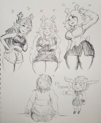2025 2_horns 5_fingers age_difference animal_humanoid anthro antlers arm_support arm_under_breasts arms_bent bare_shoulders belt bent_arm big_breasts biped black_text blush blush_lines buckteeth carol_holiday clothed clothed_anthro clothed_female clothed_human clothed_humanoid clothed_male clothing crop_top crossed_arms crossover deer deer_humanoid deltarune dess_holiday dialogue english_text greyscale hi_res human humanoid kris_(deltarune) mammal mammal_humanoid monochrome new_world_deer noelle_holiday pikapika212 reindeer shikanoko_noko shikanoko_nokonoko_koshitantan traditional_media_(artwork) undertale_(series)