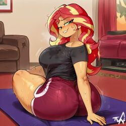 ai_generated ass_focus bbw booty_shorts caption daballsman dialogue dumptruck_ass equestria_girls fat_ass hotpants huge_ass illustrious_(stable_diffusion) mature_female my_little_pony older_female presenting_hindquarters red_legwear short_shorts shorts showing_off sunset_shimmer teasing teasing_viewer wide_hips yoga_shorts