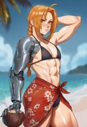 1boy 1femboy abs ai_generated arm_up beach beach_background bikini black_bikini blonde-haired_male blonde_hair blonde_male blue_skin blurry_background braided_ponytail coconut cute_male edward_elric femboy fullmetal_alchemist fullmetal_alchemist_brotherhood girly girly_boy golden_eyes hand_behind_head holding_object karezma male male_only mechanical_arm metal_arm navel otoko_no_ko otokonoko palm_tree pink_lips red_sarong sarong shiny_skin single_mechanical_arm solo solo_femboy solo_male straw thick_ass thick_legs thick_thighs toned_femboy toned_male yellow_eyes