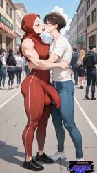 ai_generated big_balls big_breasts big_penis bulge bulge_through_clothing erotic flaccid flaccid_penis futa_with_male futanari hijab in_public kissing large_penis muscular muscular_futa penis_bulge penis_size_difference public_nudity saggy_balls