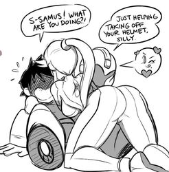 1boy 1girls age_difference armor ass awd big_ass black_and_white black_hair blush bodysuit boots breasts capcom crossover digital_media_(artwork) female heart helmet human male mega_man mega_man(classic) mega_man_(character) metroid monochrome nintendo robot samus_aran size_difference speech_bubble super_smash_bros. text wink zero_suit_samus