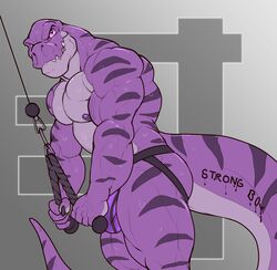 2018 abe_(myroneterni) anthro ass biceps big_muscles bulge claws clothed clothing dinosaur english_text exercise grin hi_res holding_object jockstrap looking_at_viewer male male_only markings muscular muscular_male nightterror nipples partially_clothed pecs pink_eyes purple_nipples purple_skin rope simple_background smaller_version_at_source smile solo standing teeth text theropod thick_tail thick_thighs tyrannosaurus_rex underwear vein weightlifting workout