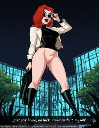 adjusting_eyewear ai-created ai_generated artist_name batman:_the_animated_series batman_(series) black_footwear black_nails black_shirt bodily_fluids boots bottomless breasts cleft_of_venus clothing cropped_jacket dc_comics dcau english_language english_text eyewear fat_mons female female_only footwear full_body genital_fluids hand_up high_heels high_resolution holding holding_clothes holding_object indoors jacket knee_boots large_breasts lips lipstick long_hair long_sleeves looking_at_viewer makeup medium_breasts medium_hair nail_polish night open_clothes open_jacket outdoors palm_tree pamela_isley patreon_username poison_ivy poison_ivy_(dcau) red_hair red_lips shiny shiny_skin shirt shoes solo standing sunglasses text the_new_batman_adventures tinted_eyewear tree turtleneck unworn_skirt username vagina vaginal_juice_trail vaginal_juices viewed_from_below white_jacket window wodstudio