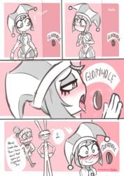 1girls 2boys 2d 2d_(artwork) blush blush_lines caine_(the_amazing_digital_circus) comic dialogue dialogue_bubble glory_hole jax_(tadc) jax_(the_amazing_digital_circus) jester_hat jizoku no_sex one_page_comic open_mouth patreon_url pomni pomni_(tadc) pomni_(the_amazing_digital_circus) sketch tadc tagme text text_bubble the_amazing_digital_circus waiting_for_cock