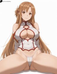 1girls ai_generated armpit_crease arms_behind_back bare_shoulders breasts brown_eyes brown_hair cameltoe cleavage cleavage_cutout closed_mouth covered_navel detached_sleeves female hi_res high_quality high_resolution highres large_breasts light lips long_hair looking_at_viewer nose opal_nemy panties patreon_logo patreon_url patreon_username plain_background self_upload shadow shiny shiny_hair shiny_skin simple_background sitting smile solo spread_legs sword_art_online thighs watermark white_background white_panties yuuki_asuna