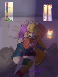 2girls artist_request asian asian_girl asian_lady blush bottomless challenging challenging_(difficulty) cuddling eternal_towers_of_hell female female_only girl hairy_pussy hard_(difficulty) in_bed juke's_towers_of_hell panties_down pubic_hair pubic_hair_peek reference_image roblox roblox_game tagme thighhighs yuri